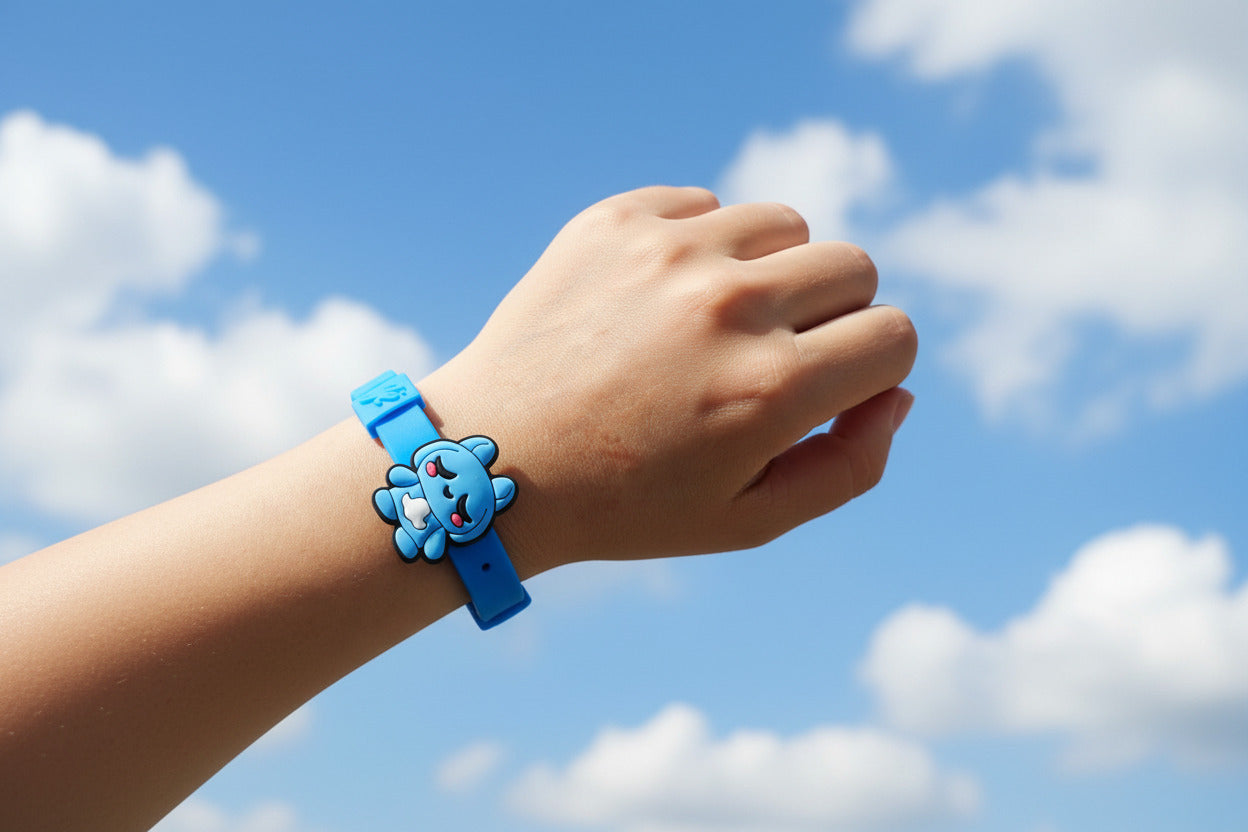 Hand wearing a blue cartoon wristband on a sunny sky background 
