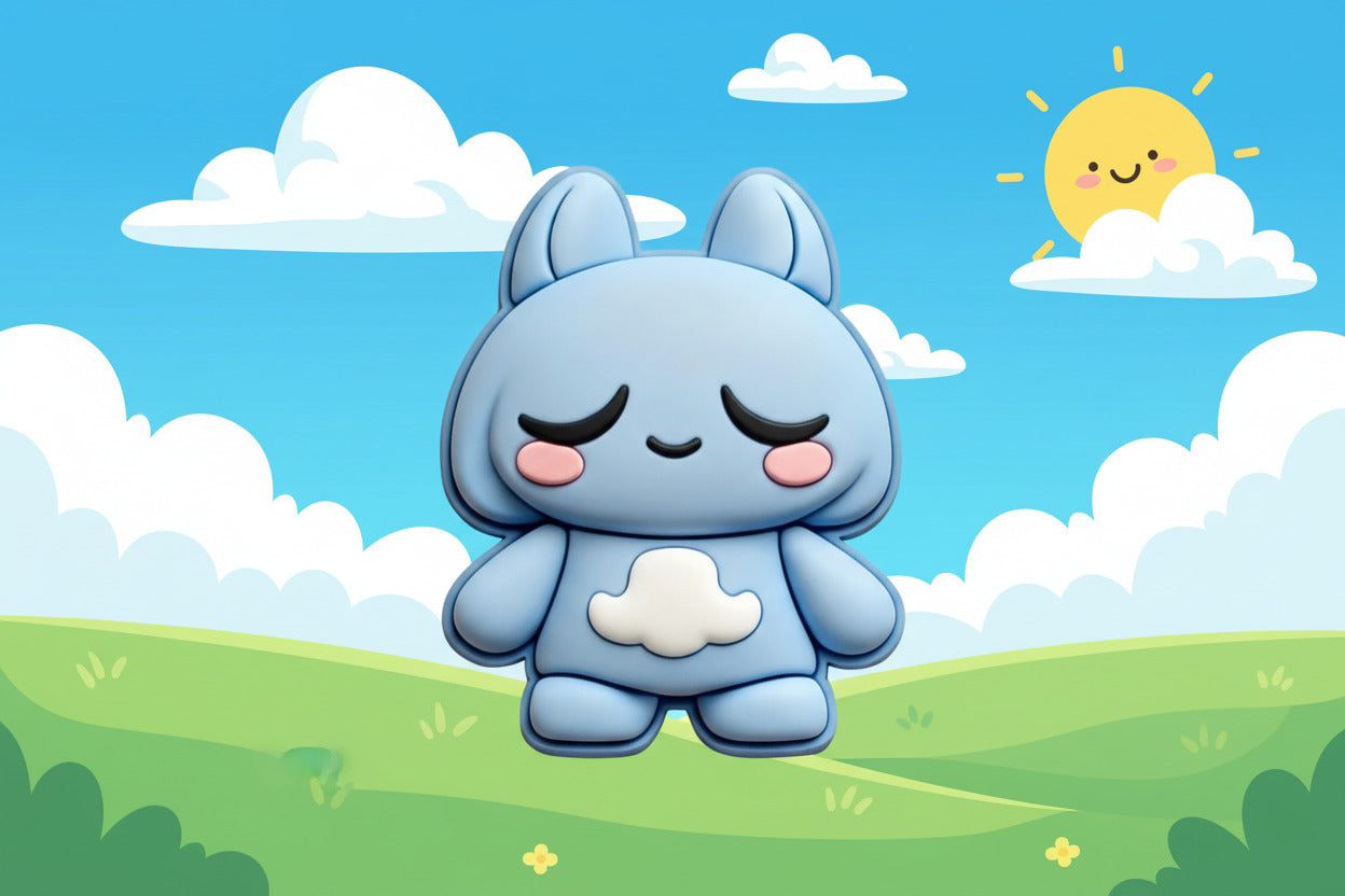 Blue Moro character with a cloud on a white background