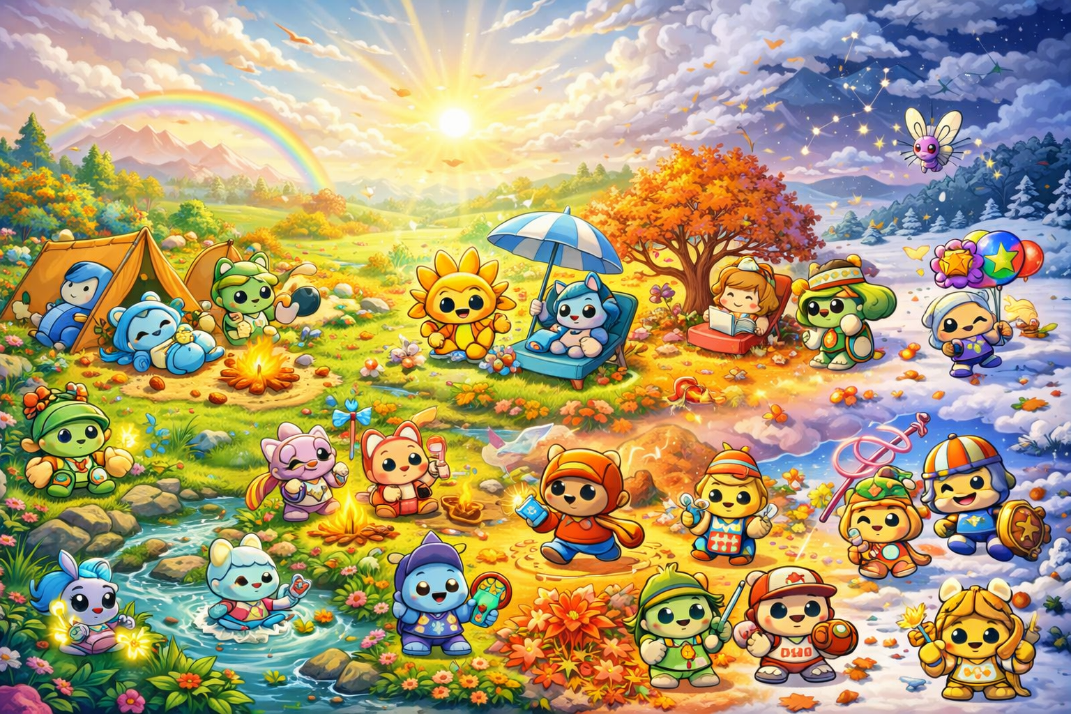 Colorful illustration of various cartoon characters in different activities like camping, playing, and exploring.